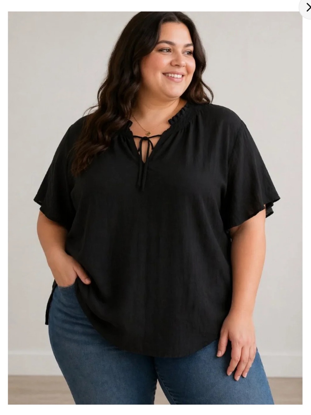 Lane Bryant Black Short Sleeve Blouse Tie Ruffle Neck Top Plus Size 18 20